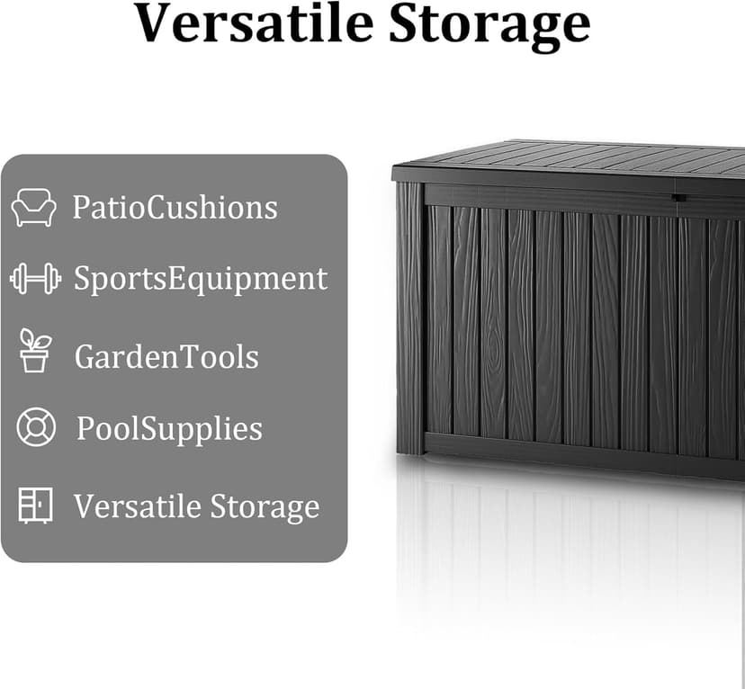 150 Gallon Waterproof Deck Box, Lockable Resin Storage Box for Patio Furniture Cushions Garden Tools and Outdoor Delivery Storage, Black