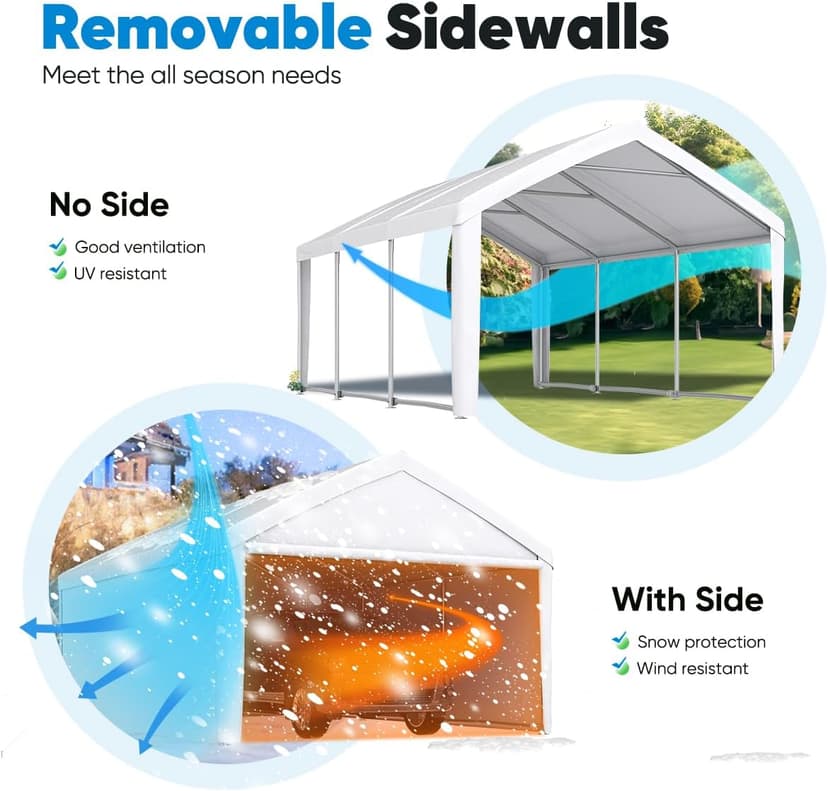 Quictent 13’x20’ Heavy Duty Carport Car Canopy Galvanized Car Boat Shelter with Removable Sidewalls, Reinforced Top Poles and Ground Bar-White