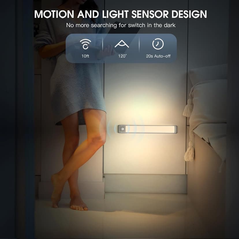 Under Cabinet Lights, 40 LED Rechargeable Battery Operated Motion Sensor Light Indoor, 2 Pack Magnetic Dimmable Closet Lights, Wireless Under Counter Lights for Kitchen, Stairs