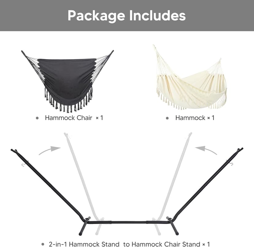 SUNCREAT 2-in-1 Convertible Portable Double Hammock with Stand Included, Outdoor Hammock and Stand, Patent Pending, Natural Tassel
