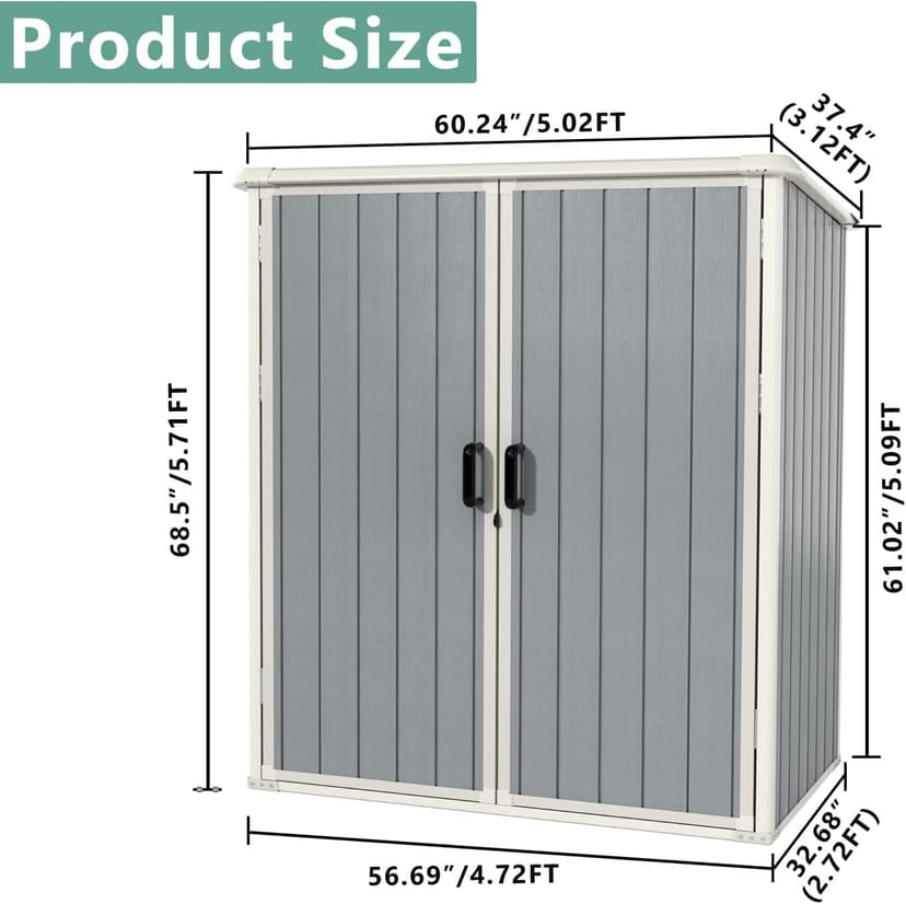 Aoxun Outdoor Storage Shed 5 x 3FT, Resin Shed with Floor and Lockable Door, Plastic Shed for Bike, Garbage Can, Tool, Accessories, Lawn, Garden - Grey