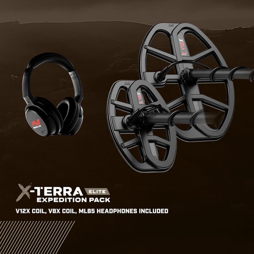 MINELAB X-Terra Elite Expedition, Waterproof, All Terrain Coin & Treasure Metal Detector, Multi-IQ Precision Targeting, Included V8X Coil, V12X Coil, ML85 Headphones, and Charging Cable