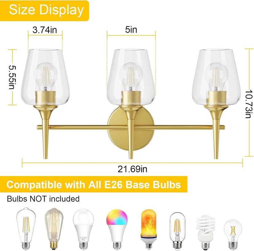 Bathroom Vanity Light Fixture, 3 Light Modern Gold Vanity Lighting fixtures, Lighting Fixtures Over Mirror, Wall Lamp with Clear Glass for Bathroom, Hallway, Bedroom with E26 Socket