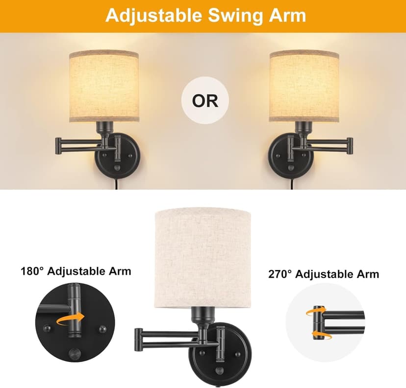 ENCOMLI Dimmable Plug in Wall Sconces, Swing Arm Wall Lamp, Wall Sconces Set of Two, Plug in Wall Light, Sconces Wall Decor Set of 2, Linen Fabric Shade, 2pcs Bulbs Included
