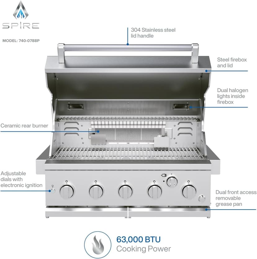 Spire Premium 5 Burner Built In Gas Grill Island Head, Stainless Steel 30 Inch Propane Grill with Rear Burner, 63,000 BTUs, 750 SQ In Racks, Dual Fuel Compatibility - 740-0788P
