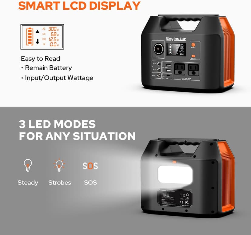 EnginStar Portable Power Station 300W 296Wh Battery Bank with 110V Pure Sine Wave AC Outlet for Outdoors Camping Hunting and Emergency, 80000mAh Backup Battery Power Supply for CPAP