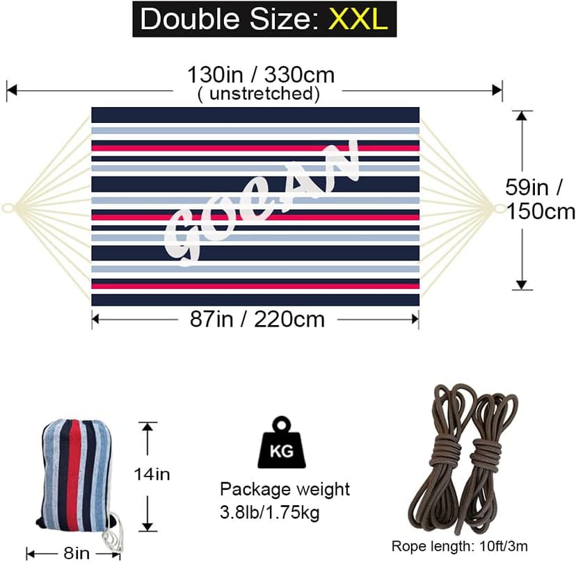 Brazilian Double Hammock 2 Person Extra Large 220x160cm Total Length 330cm Load 500lb Canvas Cotton Hammock for Patio Porch Garden Backyard Lounging Outdoor and Indoor(Dark Blue)