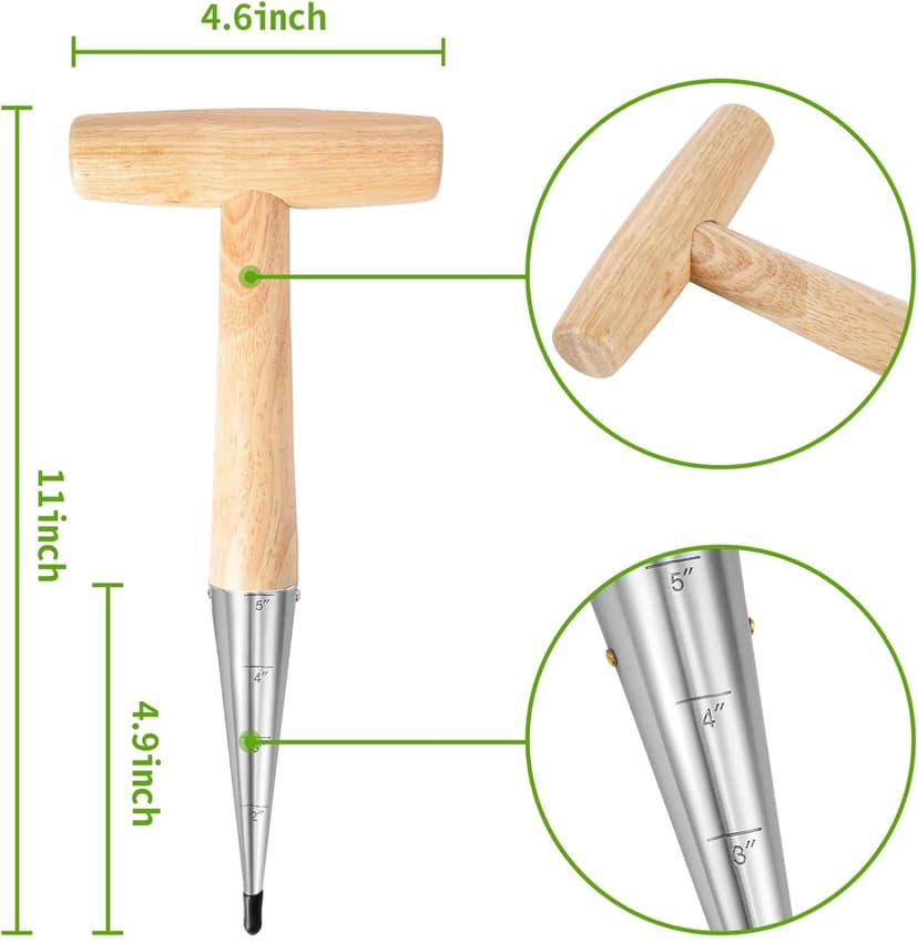Gardtech Bulb Planter Tool, 4pcs Garden Tool Set, Includes Wood Handle Handheld Dibber Measurements Dibbler, Bamboo Plant Tags Labels, Seed Dispenser Kit, Mark Pen