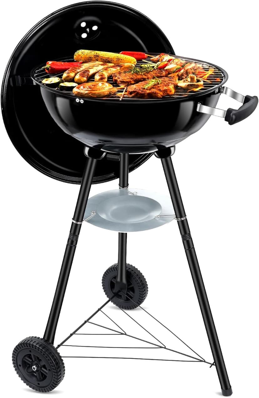 18 Inch Kettle Charcoal Grill, Leonyo Outdoor Barbecue Kettle Grill, Portable Round Smoker with Wheels, Porcelain-Enameled Lid & Fire Bowl, Perfect for Camping/Backyard/Tabletop Cooking/BBQ Party