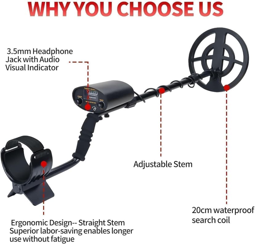 Metal Detector for Adults & Kids - Adjustable Stem, High Accuracy & 10" Waterproof Coil. Disc/All Metal Modes for Coin & Gold Detection by Beginners