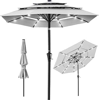 Best Choice Products 10ft 3-Tier Solar Patio Umbrella, Outdoor Market Sun Shade for Backyard, Deck, Poolside w/ 24 LED Lights, Tilt Adjustment, Easy Crank, 8 Ribs - Fog Gray