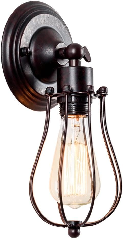 Industrial Wall Sconce Vintage Lighting Adjustable Lamp Rustic Wire Metal Cage Wall Light Shade Edison Style Antique Fixture Porch Mirror (No Bulb) (Bronze Color) (Rust)