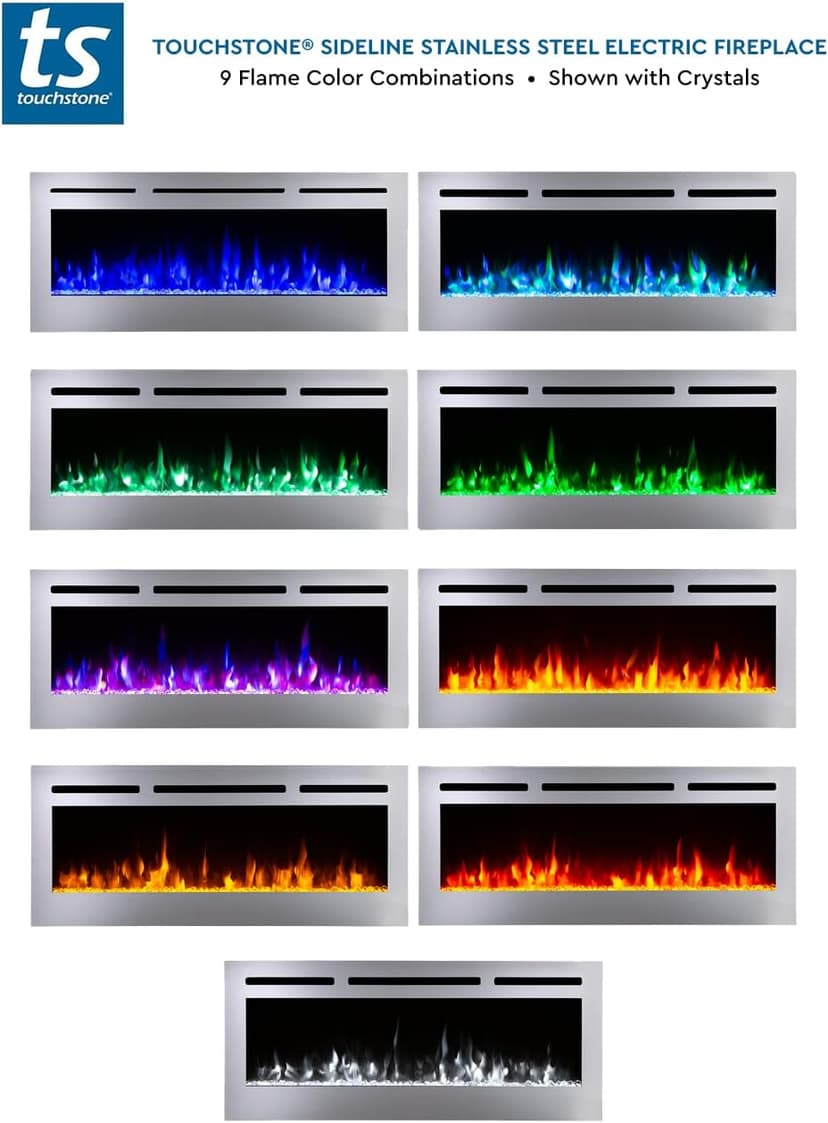 Touchstone Sideline Deluxe -Stainless Steel Smart Electric Fireplace- 50" Wide- Alexa/WiFi-Enabled- in Wall Recessed- 5 Flame Settings- 9 Flame Colors- 1,500W Heater- Log & Crystal Options- 86273