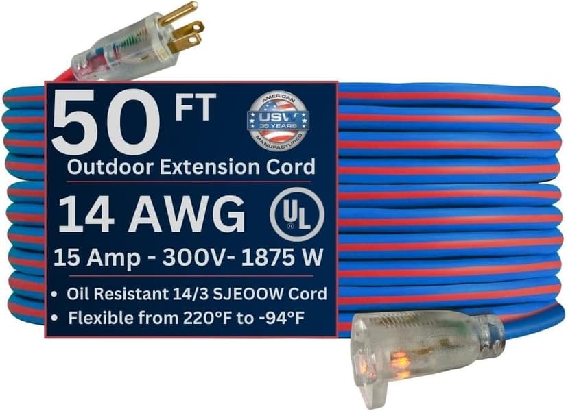 US Wire 98050 14/3 50-Foot SJEOW TPE Cold Weather Extension Cord Blue with Lighted Plug