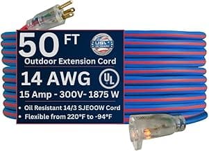 US Wire 98050 14/3 50-Foot SJEOW TPE Cold Weather Extension Cord Blue with Lighted Plug