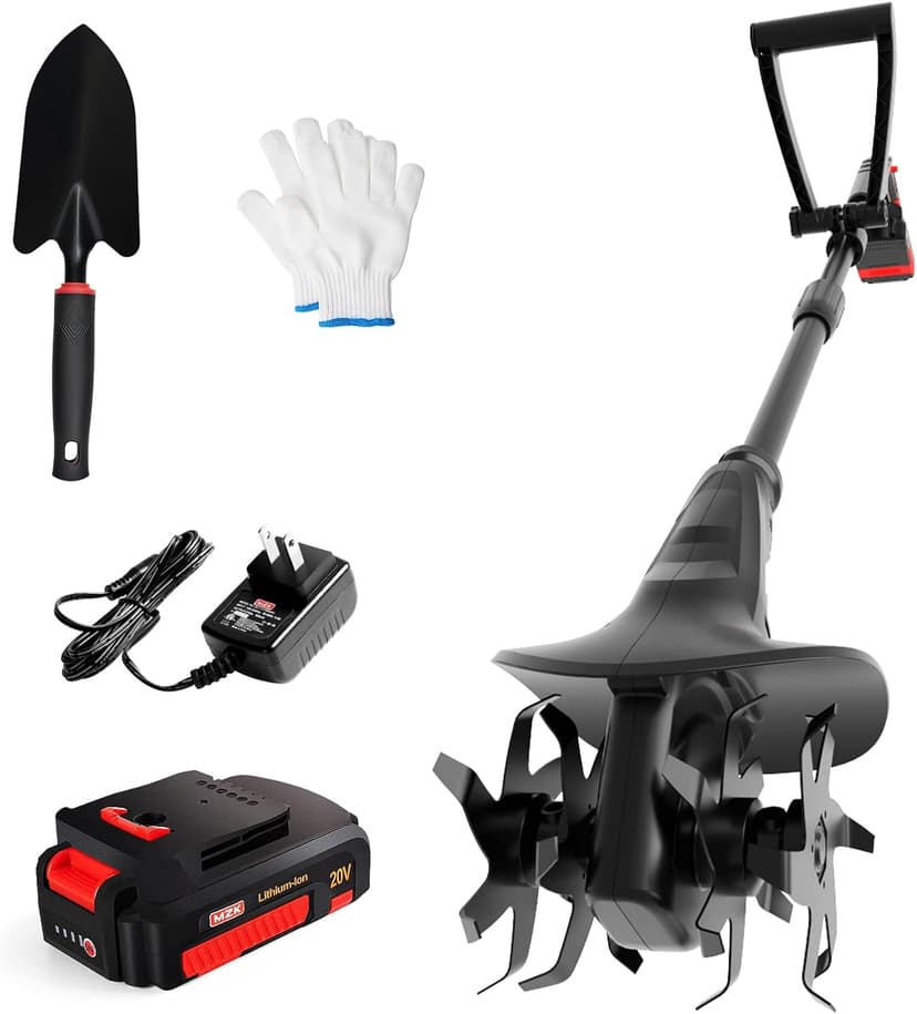 MZK 20V Cordless Tiller Cultivator with 24 Steel Tines,7.8-inch Wide Battery Powered Garden Cultivator, Mini Tiller for Gardening (2AH Battery and Charger Included)