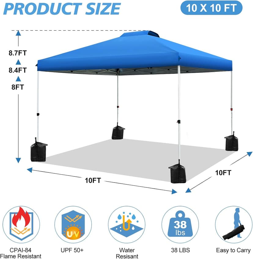 WEIZE Pop up Canopy Tent 10x10ft, 1-Button Push Setup, Instant Portable Shelter, Adjustable Height, Portable Roller Bag, 4 Weight Bags, Guy Ropes & Stakes Included Blue