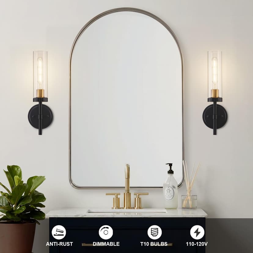 Black and Gold Hardwired Wall Sconces Set of 2, Modern Bathroom Vanity Sconces Wall Lighting with Clear Glass Shade, Farmhouse Wall Mount Lights for Mirror Bedroom Living Room Hallway Kitchen