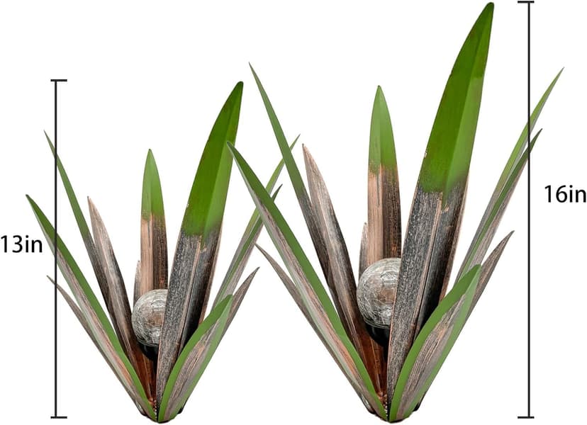 Metal Agave Plant Garden Art, 2 Pack Big Tequila Rustic Sculpture, Rustic Metal Agave Plants Lawn Home Ornaments, for Yard Stakes, Garden Figurines, Outdoor Patio (2 PCS Green with Light)