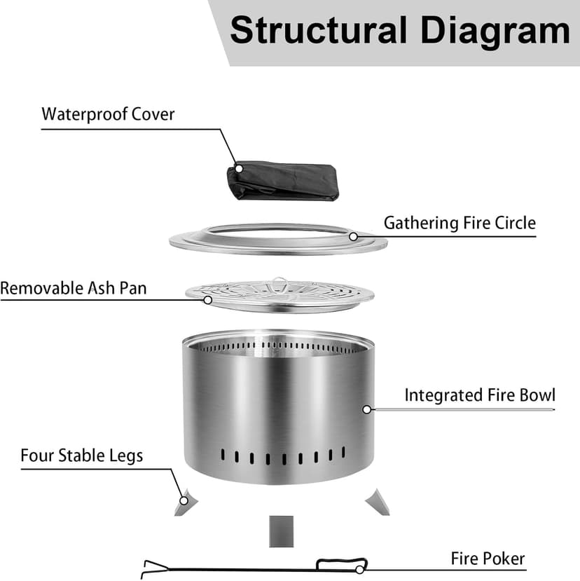 Smokeless Fire Pit,22 Inch Stainless Steel Firepit, Outdoor Wood Burning Fire Pit with Cover,Smokeless Firepits for Outside Backyard Patio Garden Camping Bonfire