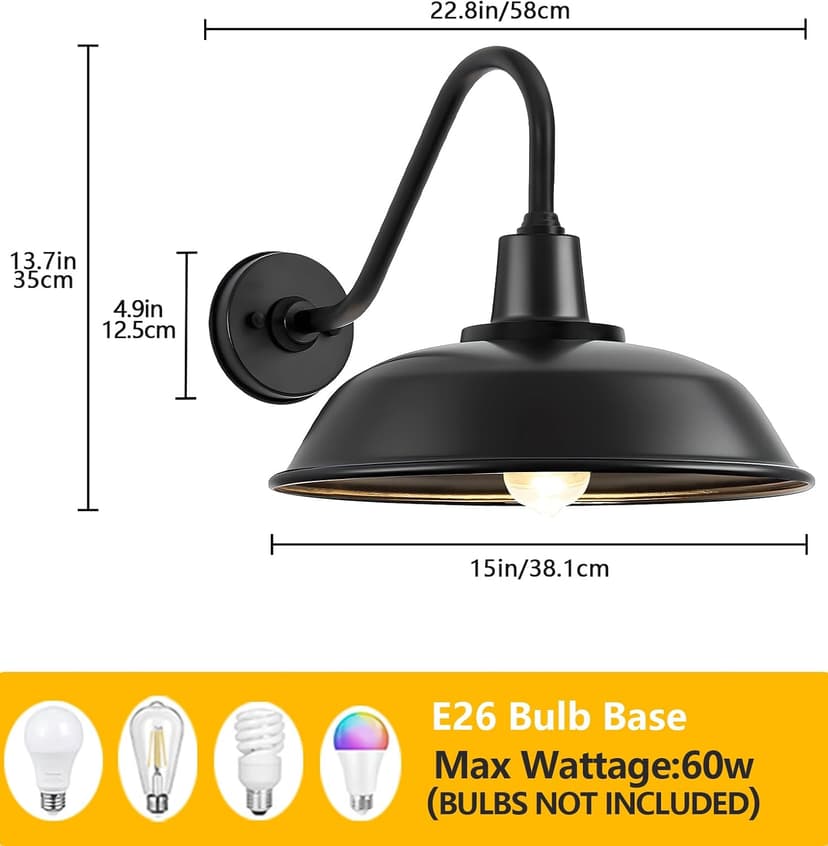 Large 15" Black Outdoor Gooseneck Barn Light, Vintage Farmhouse Classic Wall Mounted Barn Light Fixture for Garage, Porch, Patio Gooseneck Light