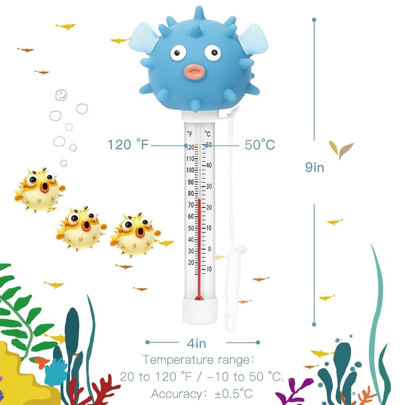 XY-WQ Floating Pool Thermometer, Large Size Easy Read for Water Temperature with String for Outdoor and Indoor Swimming Pools and Spas (Puffer)