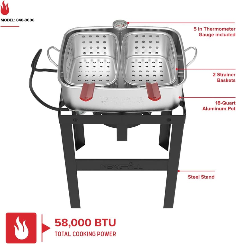 Nexgrill 18 Qt Aluminum Fish Fryer with Crawfish Boiler Pot & Double Strainer Basket for Poultry, Seafood, and More, 58,000 BTU Outdoor Deep Fryer, Welded Steel Stand & Included Thermometer - 840-0006