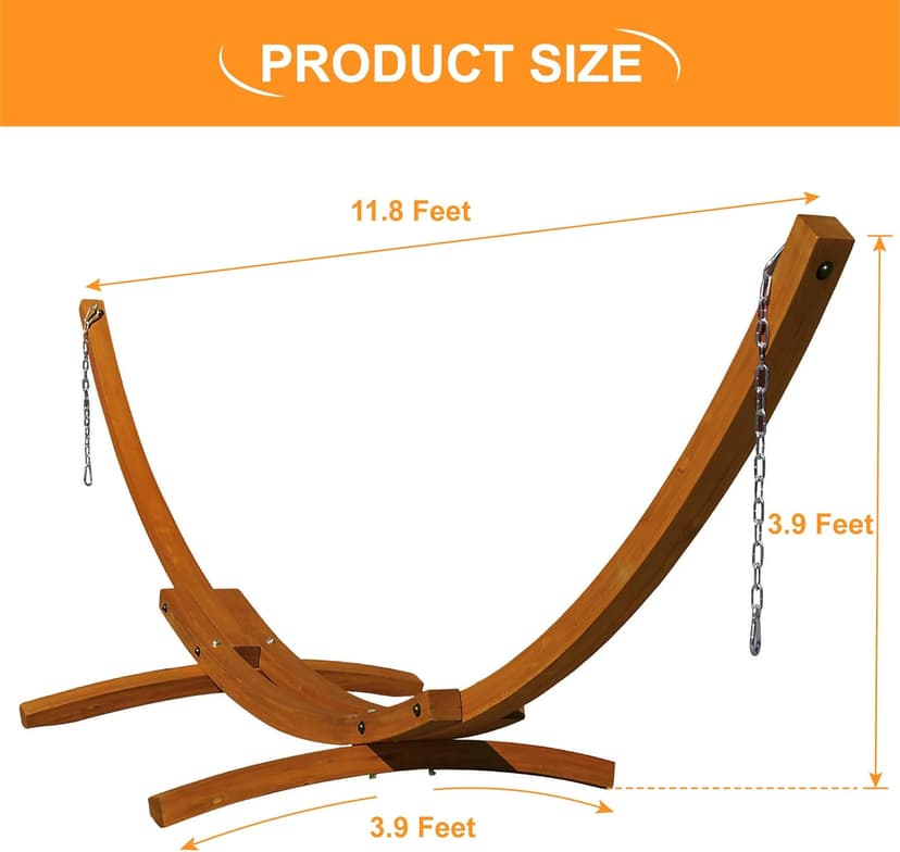 Lazy Daze Hammocks 12 FT Outdoor Arc Wood Hammock Stand, 2 Person Russian Pine Hardwood Hammock Stand with Carabiners and Chains, for Outdoor Patio Garden Yard Poolside, 450lb Capacity,Brown