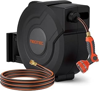 NEOTEC Retractable Garden Hose Reel 5/8 inch x 90ft - Wall Mounted Heavy Duty Hose Reel with 3/4 Inch Brass Fittings & 9-Pattern Nozzle - Auto Rewind System, Any Length Lock, 180° Swivel Bracket