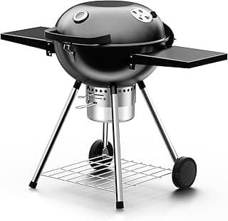 22 Inch Charcoal Grill with 2 Foldable Side Tables,Charcoal Kettle Grills with Wheels,Outdoor bbq Grill,Portable Charcoal Grill for Camping,Party,Backyard (Black)