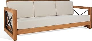 SAFAVIEH CPT1010A Couture Curacao Brazilian Teak Outdoor 3-Seat Patio Sofa, Natural/White