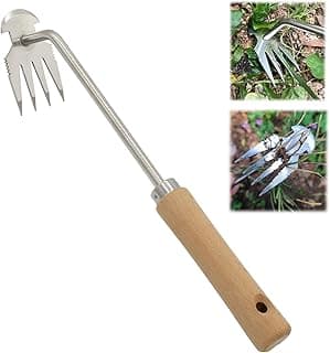 Weeding Artifact Uprooting Weeding Tool, Garden Weeding Tools Hand Weeder Tool, Stainless Steel Weed Puller 4 Teethes Dual Purpose Weeder, Multifunctional Weeder Manual Weed Remover Tool (Wood-12inch)