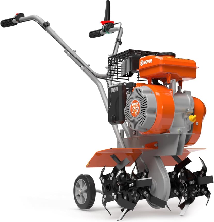 NOVUS 17-Inch Gas Tiller for Gardening, 79cc 4-Cycle Gas Engine, 2-in-1 Front Tine Tiller Cultivator, Toolless Tilling Width Adjustment, Forged Steel Tines, Integrated Transport Wheels