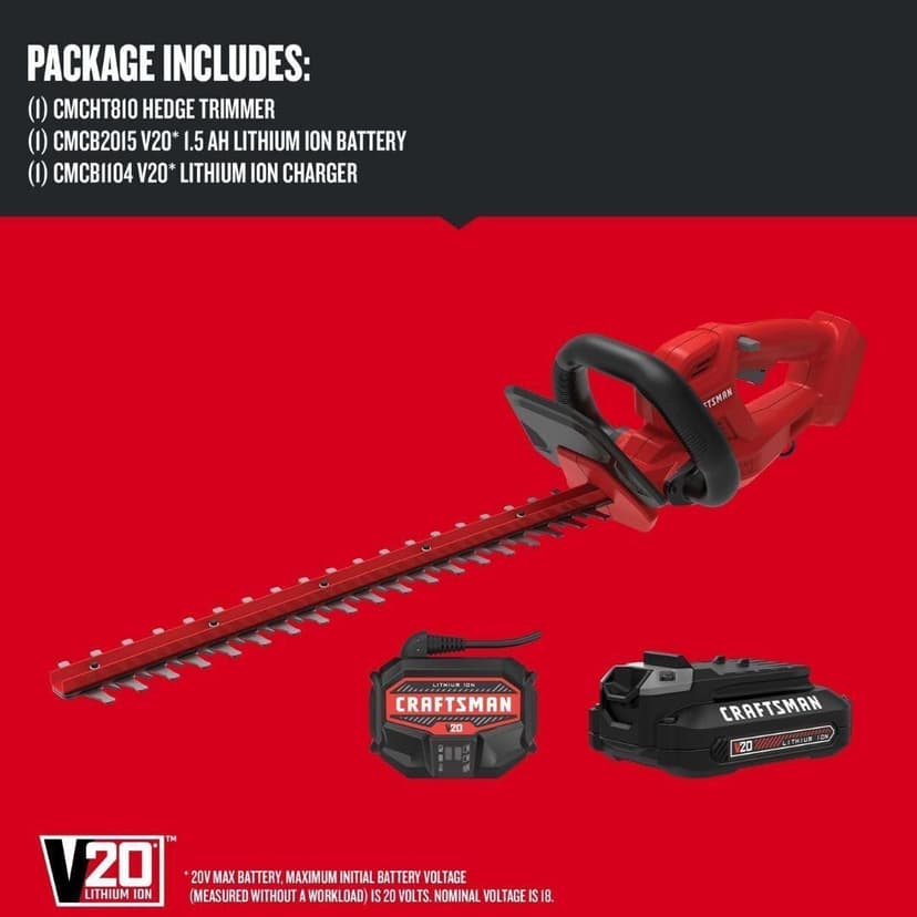 CRAFTSMAN V20 Cordless Hedge Trimmer, 20 inch, Battery and Charger Included (CMCHT810C1)