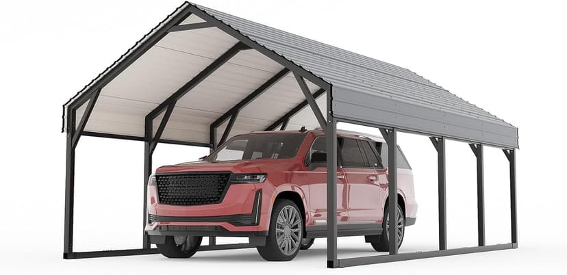 12x20 FT Metal Carport, Reinforced Frame and Steel Roof for All-Weather Use, Permanent Shelter for Bass Boats, Full-Sized Pickup Trucks, and Tractors