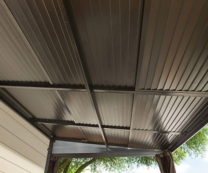 Sojag 10' x 12' Francfort Wall-Mounted Hardtop Gazebo Outdoor Weather-Resistant Aluminum Frame Sun Shelter Black,Brown