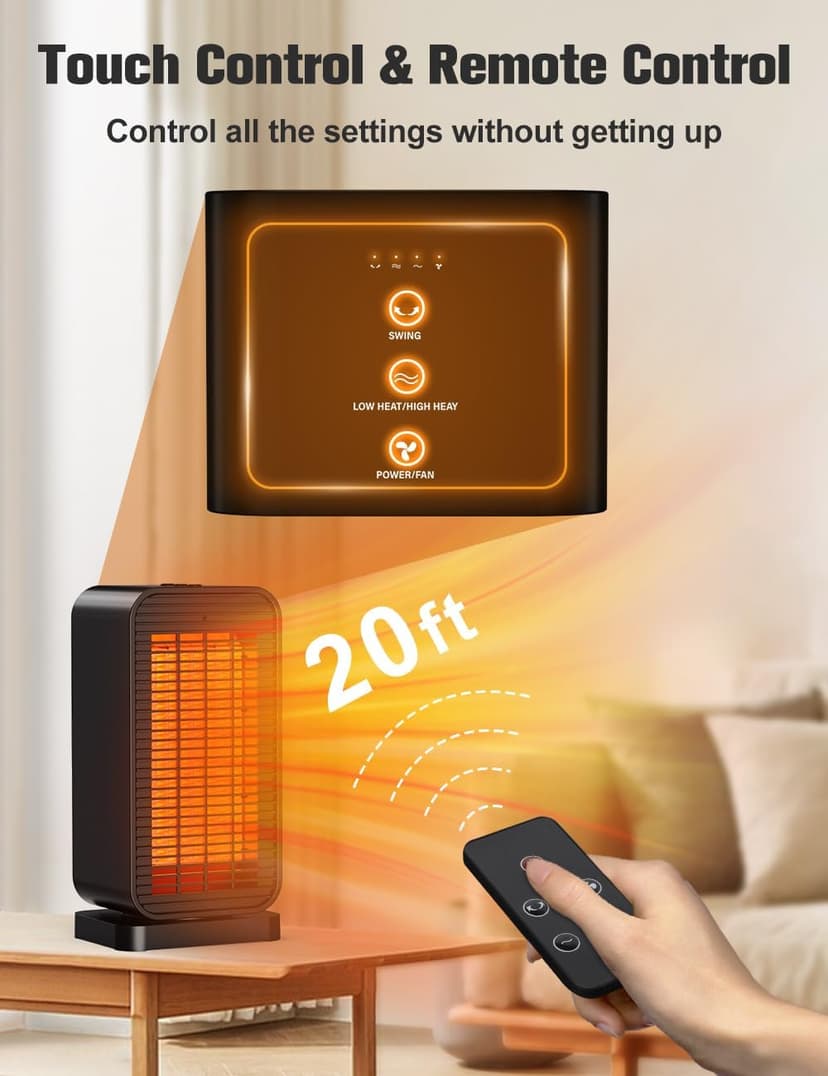 BALKO Space Heater, Portable Electric Heaters for Indoor Use with Thermostat, Fan Mode, Remote Control, Tip-over & Overheat Protection, 1500W PTC Ceramic Safety Heaters for Large Room/Office/Bedroom