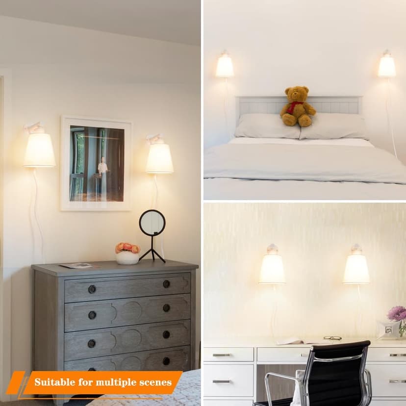 White Plug in Wall Sconces Set of Two, White Wall Sconce with Cord, Bedside Wall Lamps Plug in Set of 2 with Fabric Linen Shade, Wall Decor Bedroom Sconces for Living Room Hallway Porch