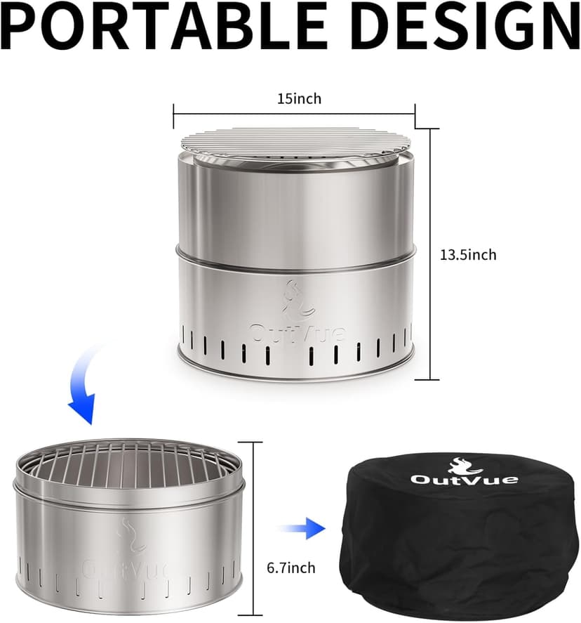 15.5 inch Stainless Steel Smokeless Fire Pit with Tote Bag, Outdoor Smokeless Firepit, Wood Burning Fire Pits for Camping, Bonfire, Low Smoke Firepit for Outside (Vertical Hole)