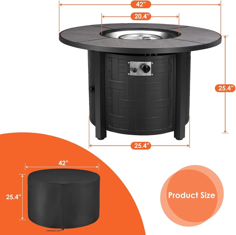 TLGREEN Propane Fire Pit Table 42in, 50,000 BTU Auto-Ignition Round Gas Fire Pits for Outside Patio, Fire Table with Waterproof Cover, Blue Stone and Lid, CSA Certification
