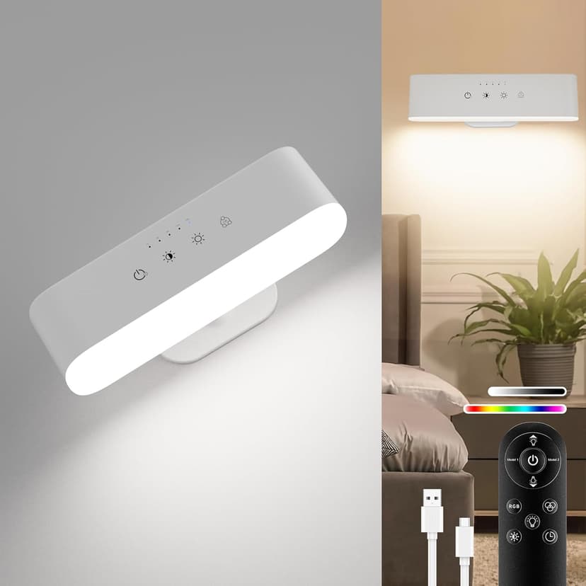 comzler Rechargeable Wall Sconces LED Wall Lights Wireless Battery Lamp for Bedroom, Touch and Remote Control, 3 Colors Wall-Light 360° Rotate Dimmable Brightness with 15 RGB Colors (1, White)