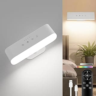 comzler Rechargeable Wall Sconces LED Wall Lights Wireless Battery Lamp for Bedroom, Touch and Remote Control, 3 Colors Wall-Light 360° Rotate Dimmable Brightness with 15 RGB Colors (1, White)