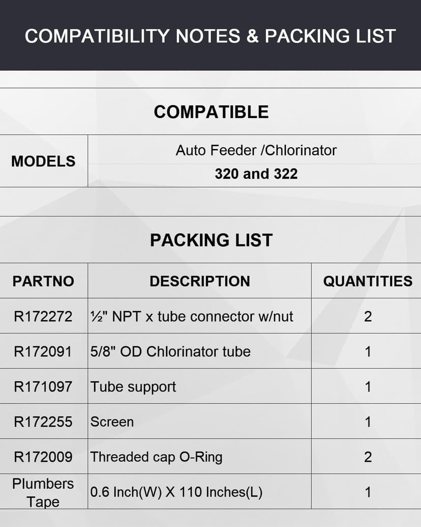 Pool Chlorinator Parts (Includes: 1/2" NPT 90-Degree Tube Connector, 5/8" OD Tube, Tube Support, Screen and O-Ring) Compatible with Auto Feeder/Chlorinator 320 and 322