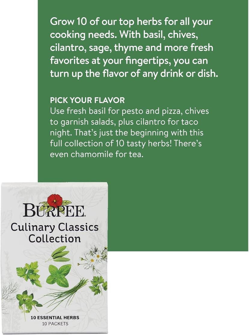 Burpee Culinary Classics Garden Collection 10 Packets of Non-GMO Chives, Cilantro, Basil, Sage, Thyme, Dill, Parsley, Chamomile, Marjoram & Oregano | Kitchen Herb Variety Pack, Seeds for Planting