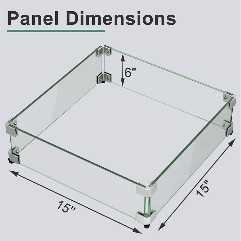 GASPRO 15" x 15" x 6" Fire Pit Glass Wind Guard, Tempered Glass Firepit Table Shield, Thick and Sturdy, with Hard Aluminum Corner Bracket & Rubber Feet, Easy to Assemble
