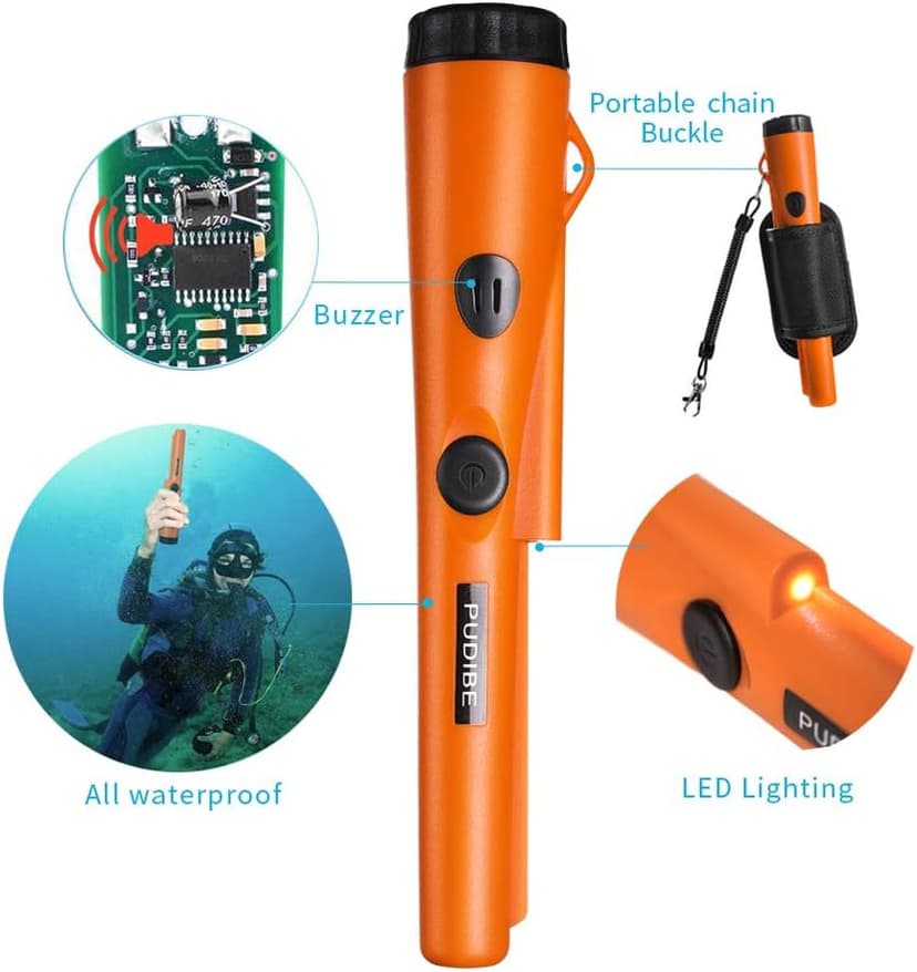 Pinpoint Metal Detector Pinpointer - Fully Waterproof with Orange Color Include a 9V Battery 360 Search Treasure Pinpointing Finder Probe with Belt Holster for Adults and Kids(Three Mode)