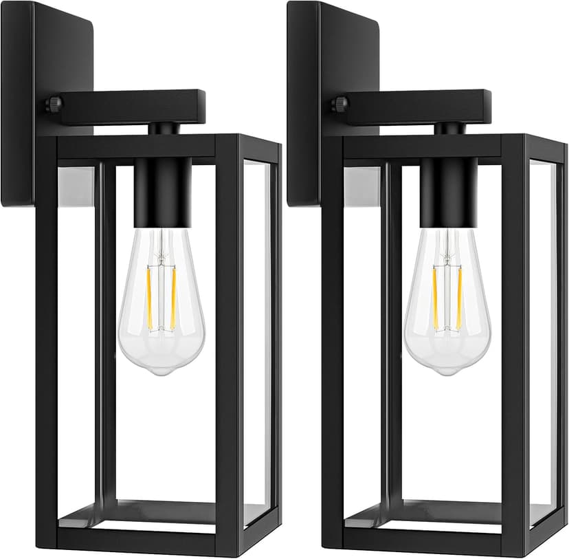 2-Pack Outdoor Light Fixtures Wall Mount, Waterproof Exterior Wall Lanterns with Clear Glass, Anti-Rust Outside Black Wall Sconces, Front Porch Lights for House Garage Doorway, Bulbs Not Included