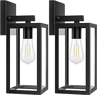 2-Pack Outdoor Light Fixtures Wall Mount, Waterproof Exterior Wall Lanterns with Clear Glass, Anti-Rust Outside Black Wall Sconces, Front Porch Lights for House Garage Doorway, Bulbs Not Included