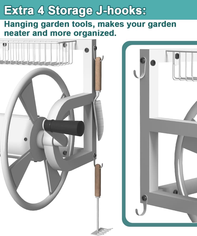Outdoor Wall Mounted Hose Reel with Hook, Garden Heavy-Duty Water Hose Holder Winder with 3.9 ft Leader Hose, Brass Fitting and Storage Basket for Yard, Holds 125 Ft of 5/8-Inch Hose, White