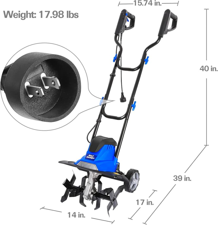 BILT HARD Electric Tiller Cultivator 14 inch, 10 Amp 4 Steel Tines Corded Tiller for Gardening with Foldable Handle, Portable Garden Rototiller with Adjustable Wheels